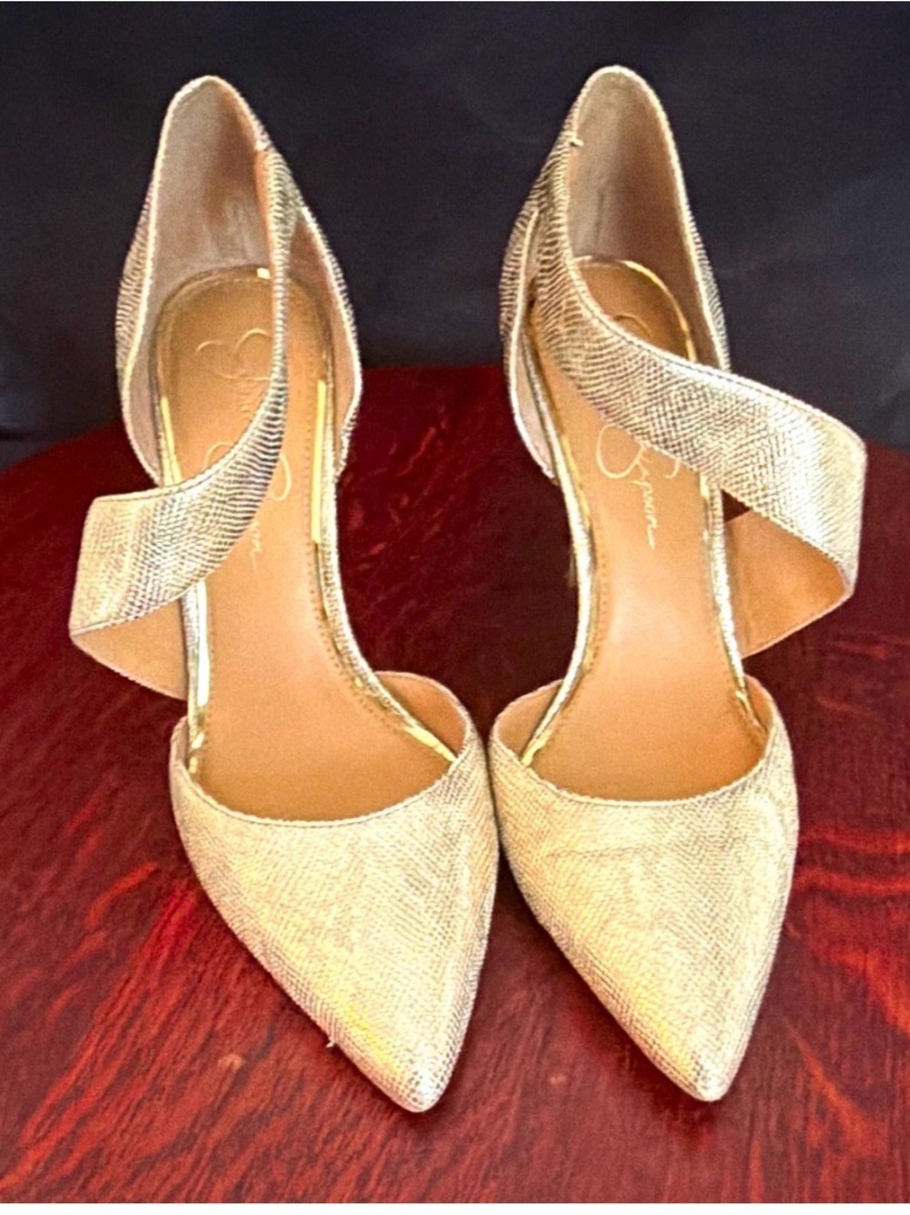 Jessica Simpson Women’s Gold Glitter Strappy Pointed Toe Stiletto Heels